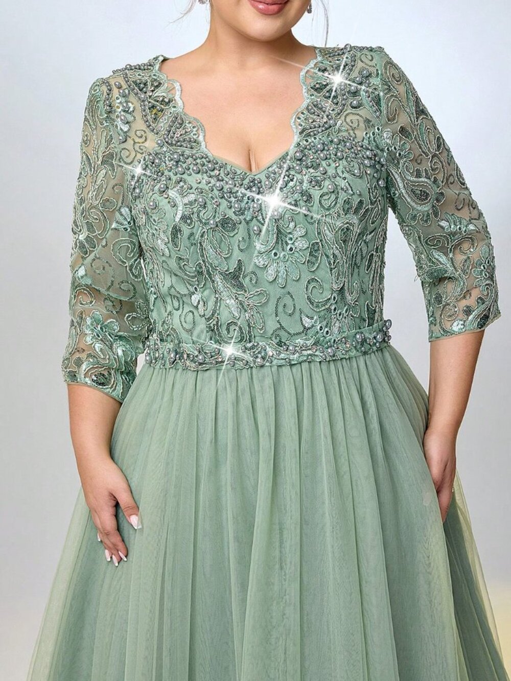 Green Women's Plus Size Elegant Sequin Mesh V-Neck 3/4 Sleeve A-Line Hem Dress - Picture 4 of 9